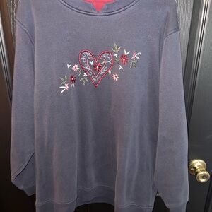 Women's Navy Crewneck Sweater with Heart Floral Embroidery